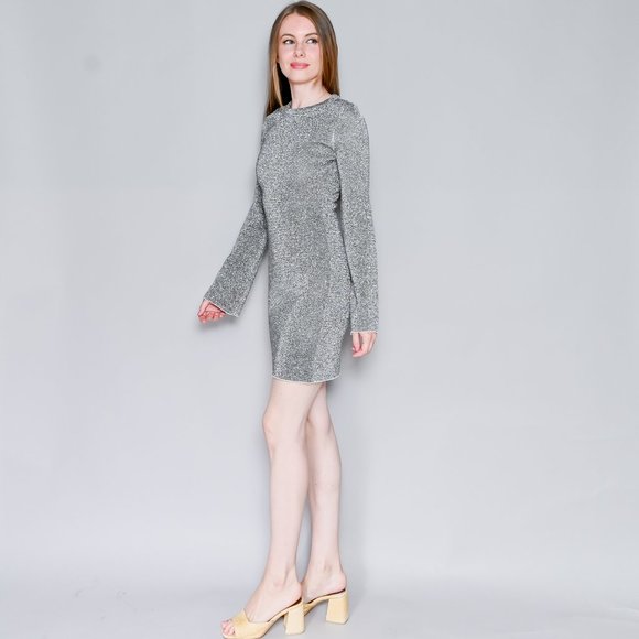 704. GOOD AMERICAN Bell-Sleeve Silver Metallic Sparkle Mini Dress Sz XS - Picture 4 of 7
